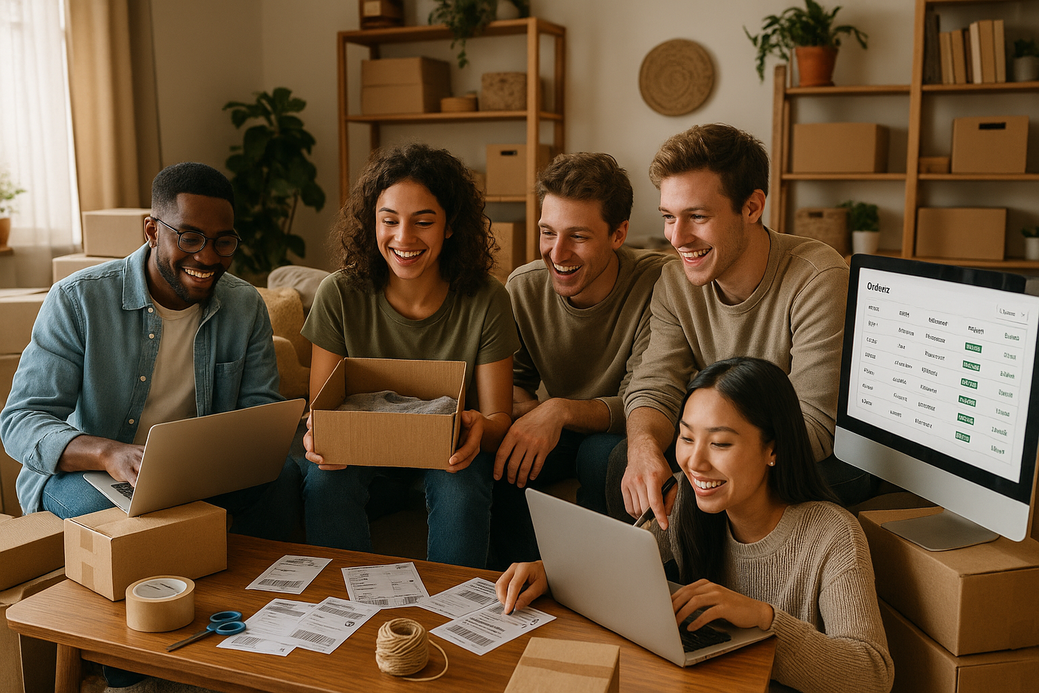 Grupo de amigos emprendiendo, empezando su nueva tienda de dropshipping realizando sus primeros envíos de pedidos desde su casa